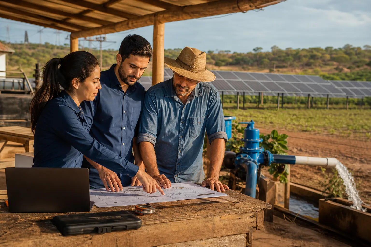 Profissionais analisando um projeto de energia solar em uma propriedade rural