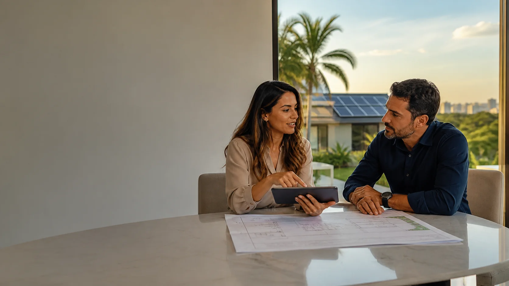 Consultora de energia solar conversando com cliente sobre um projeto