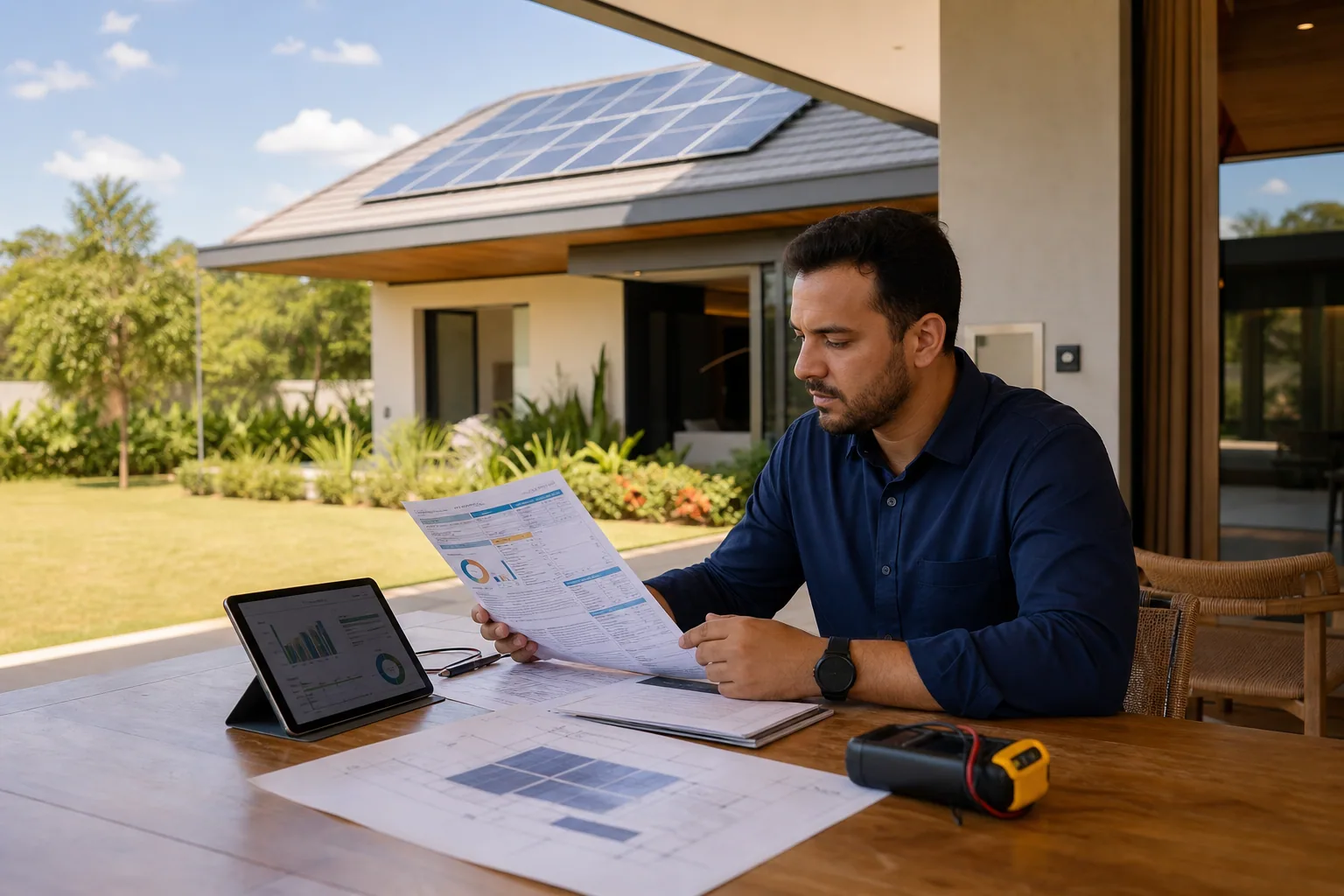 Profissional realizando análise técnica de um projeto de energia solar