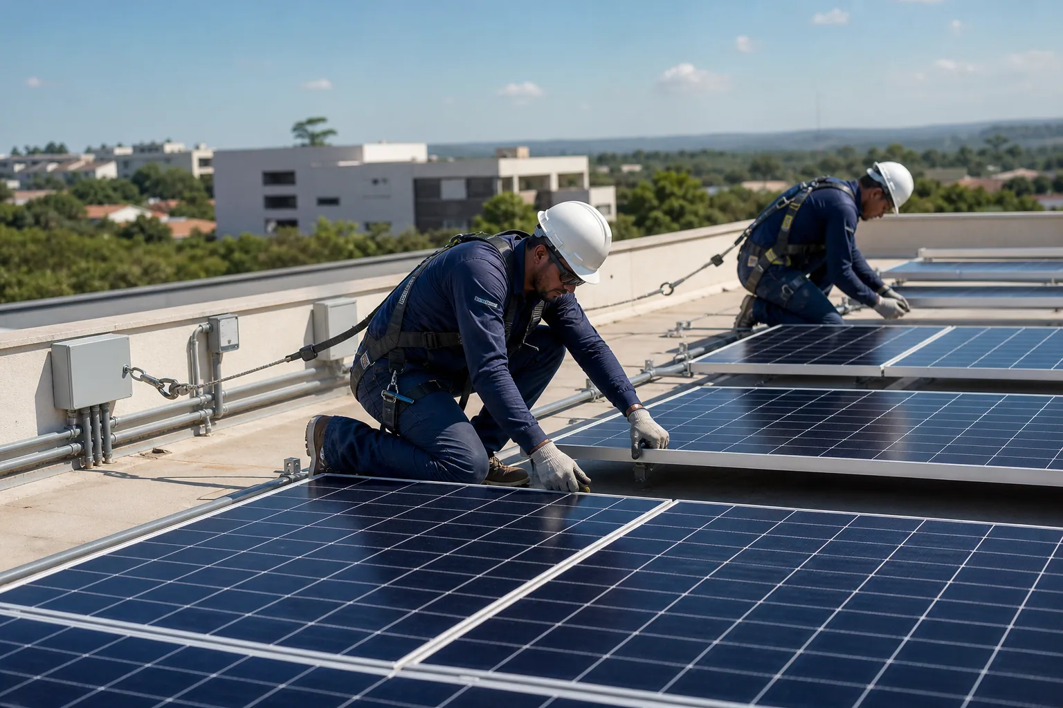 Técnicos instalando módulos fotovoltaicos com equipamentos de segurança