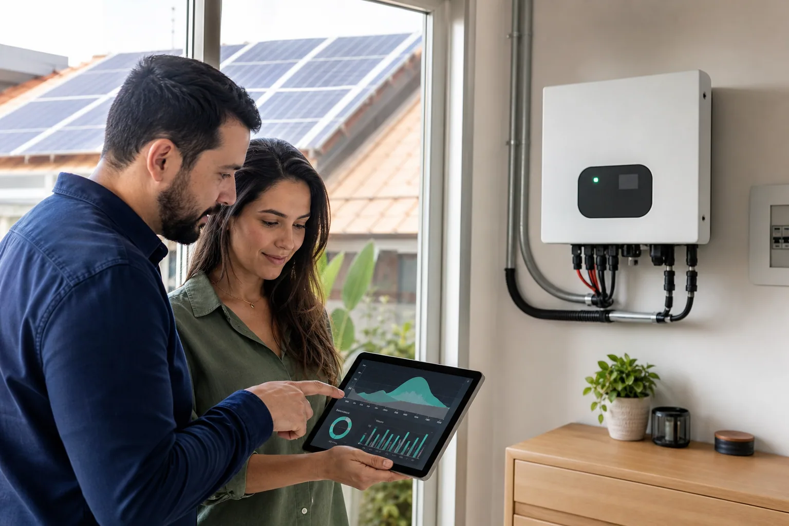 Cliente acompanhando a geração solar em um tablet ao lado do inversor
