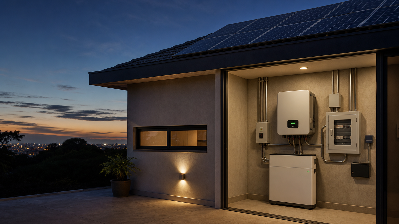 Bateria, inversor e quadro de proteção instalados em ambiente técnico coberto e organizado