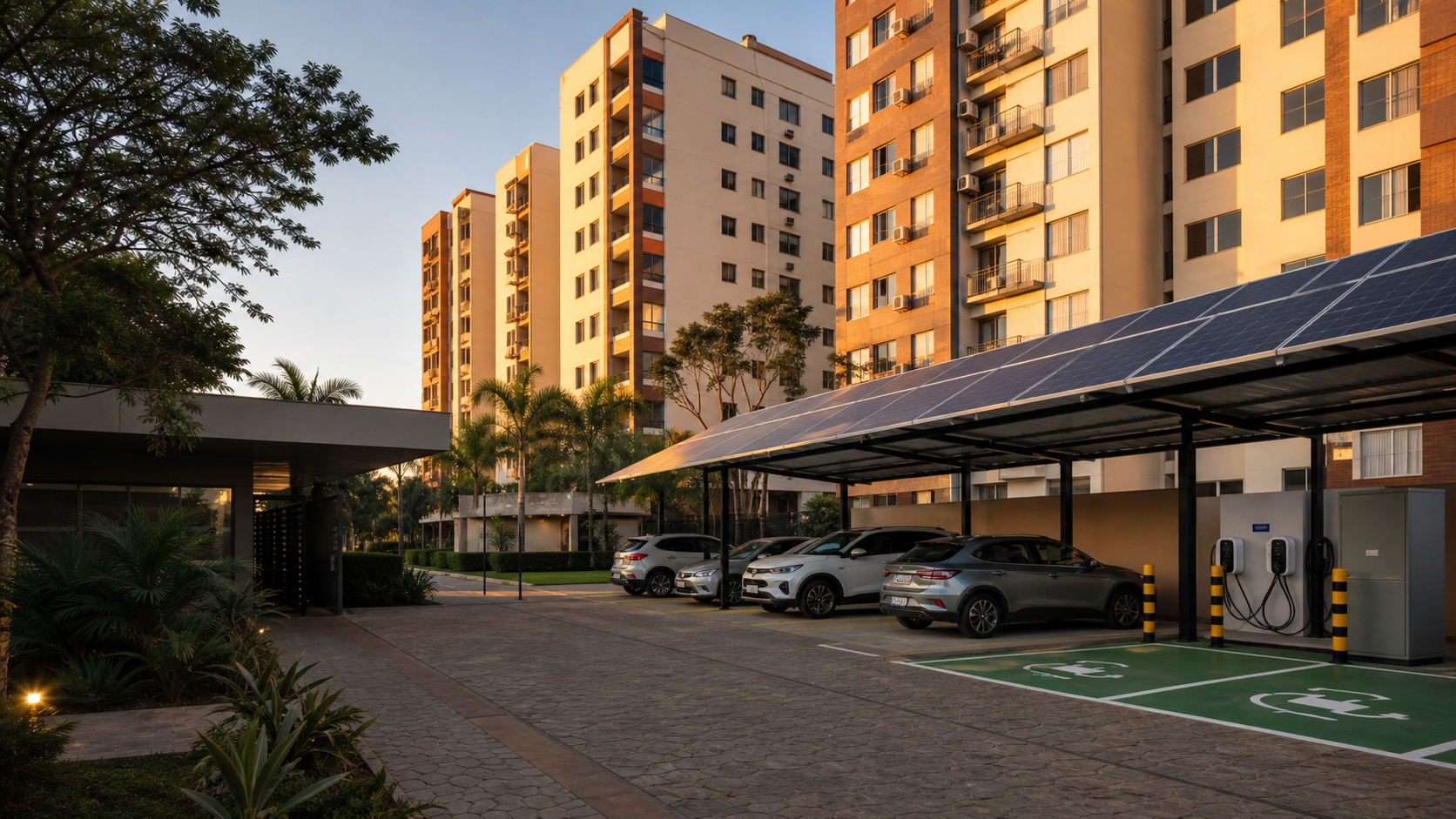 Condomínio brasileiro com cobertura fotovoltaica e pontos de recarga protegidos por balizadores