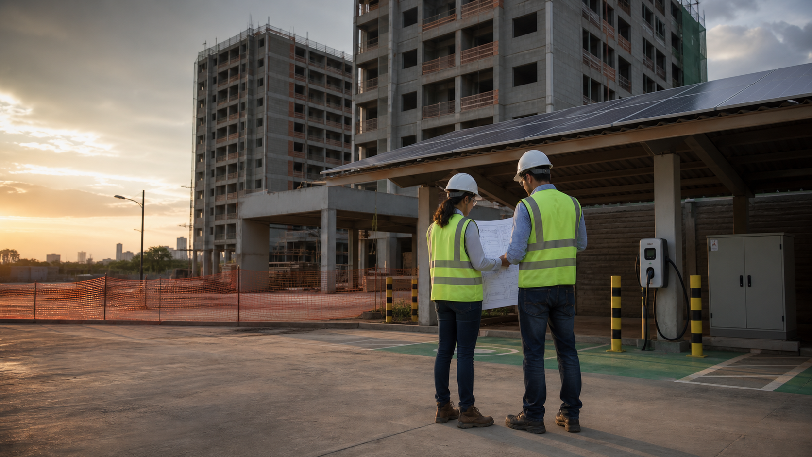 Profissionais revisando o planejamento energético de um empreendimento residencial em construção