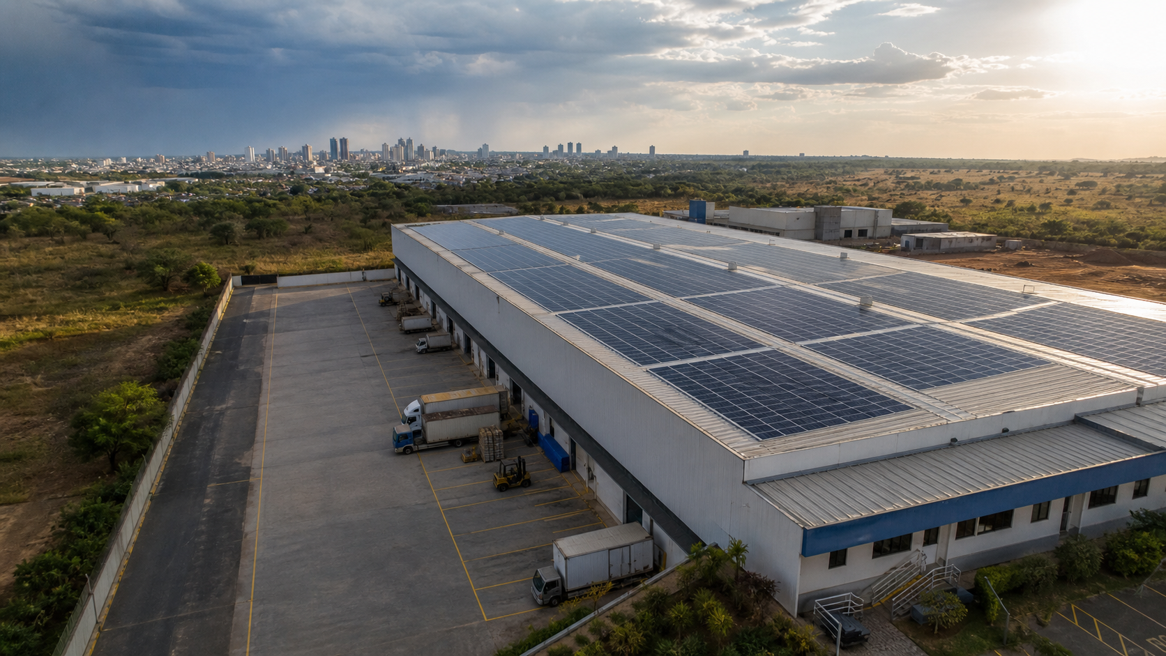 Centro empresarial e logístico brasileiro com geração fotovoltaica no telhado