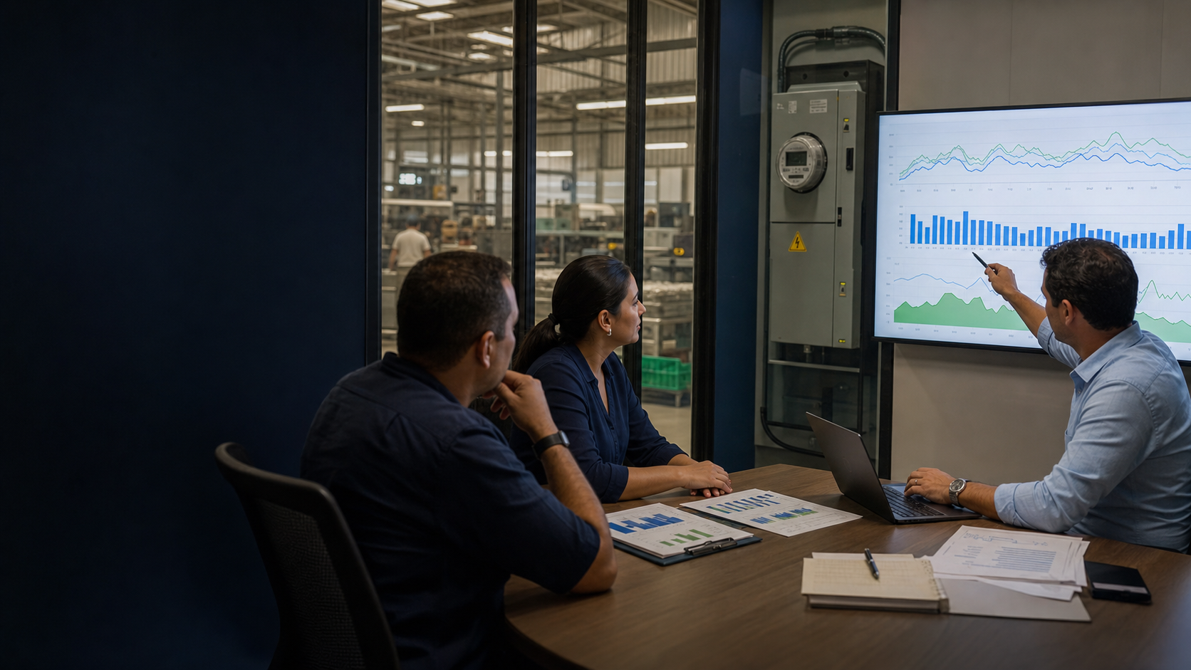 Equipe empresarial analisando curvas de carga, demanda e cenários de contratação de energia