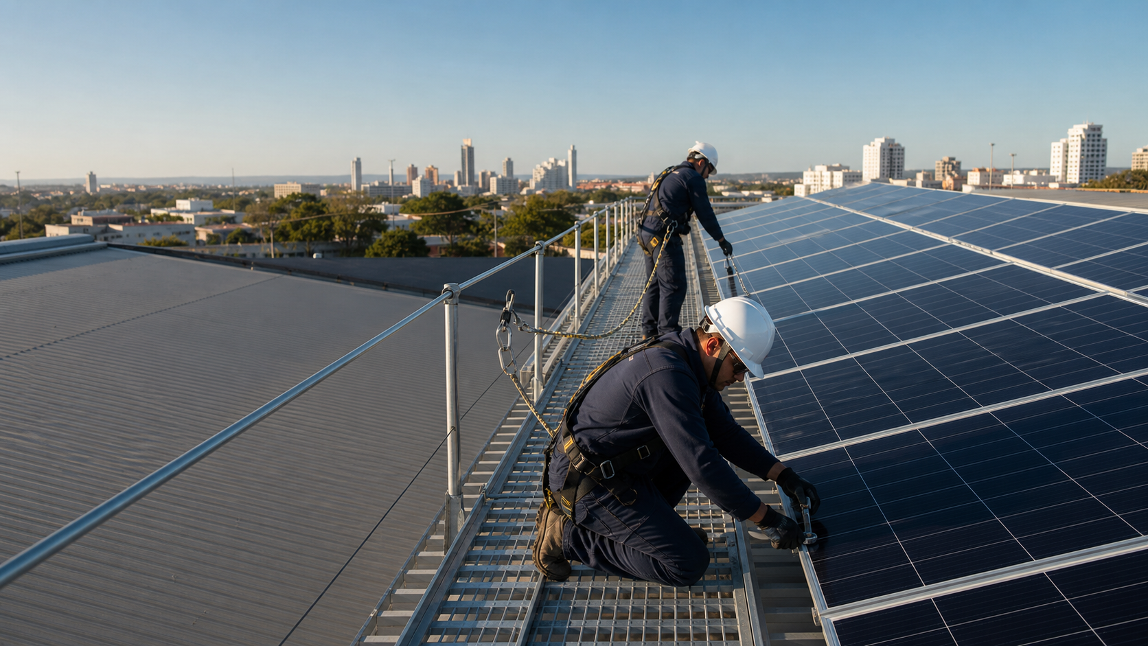 Equipe instalando módulos fotovoltaicos a partir de passarelas e sistemas de proteção contra quedas