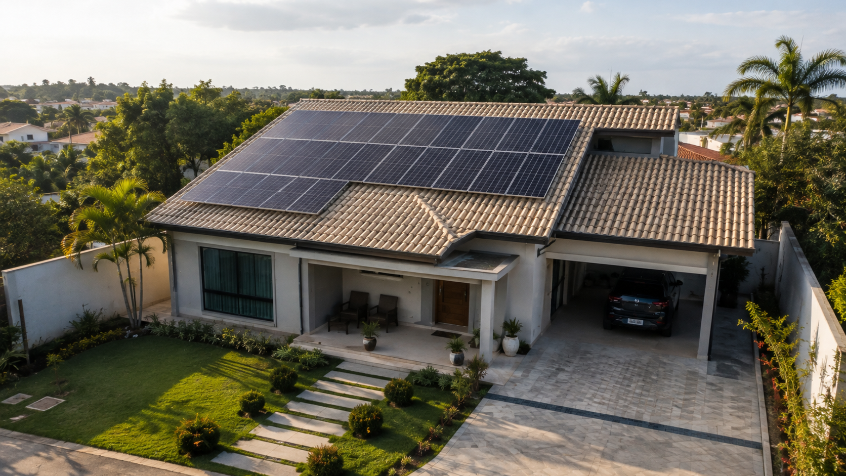 Vista aérea de residência brasileira com módulos fotovoltaicos alinhados sobre o telhado