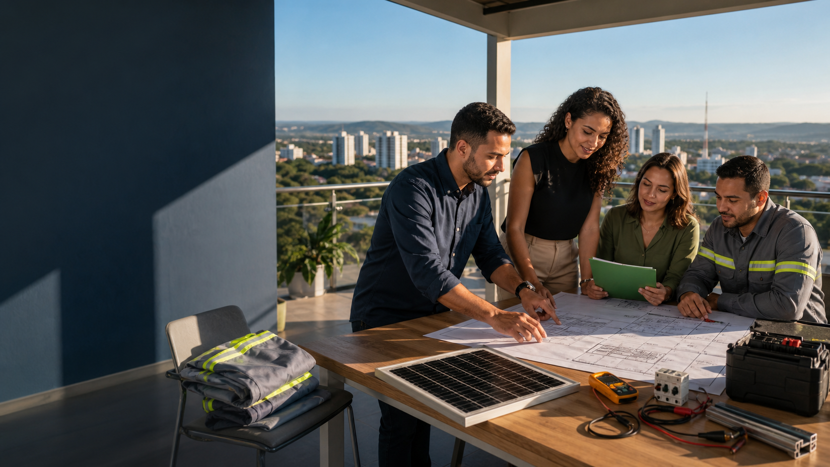 Equipe multidisciplinar analisando desenhos, componentes e instrumentos de um projeto de energia