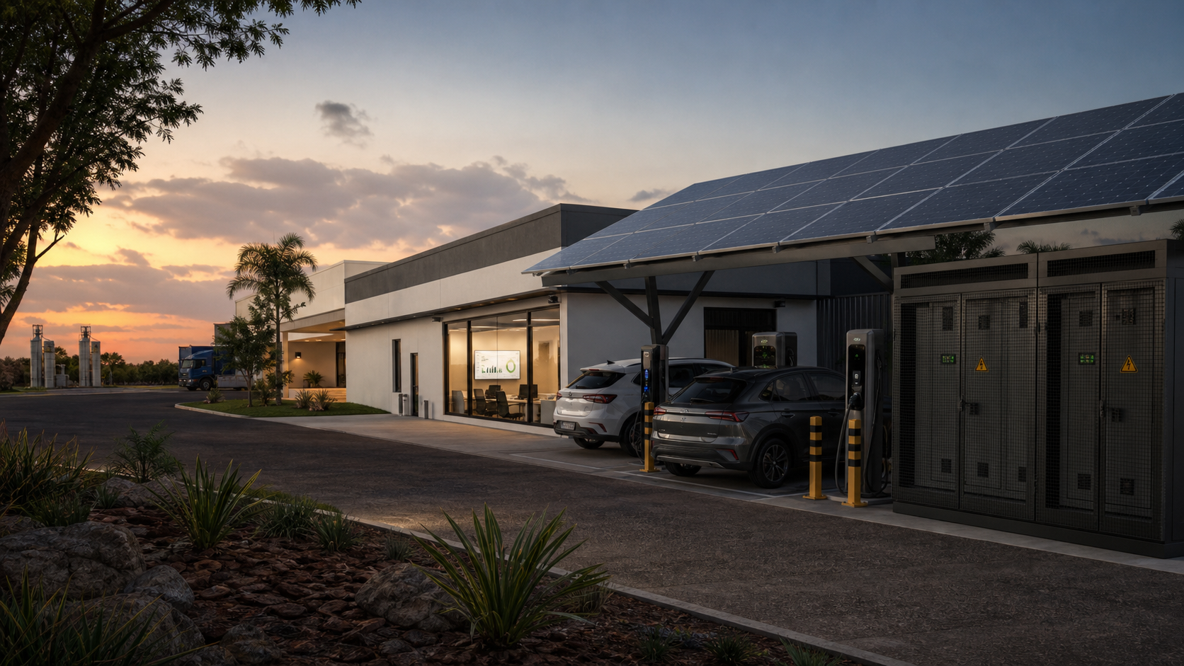 Edificação empresarial com cobertura solar, recarga veicular protegida e área técnica de armazenamento
