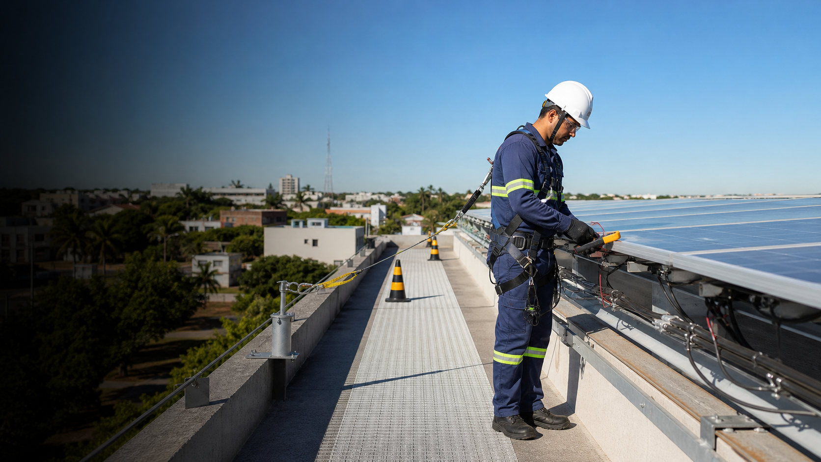 Técnico inspecionando conexões de um sistema fotovoltaico a partir de uma passarela protegida