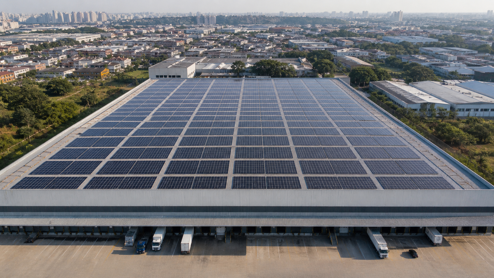Galpão industrial brasileiro com cobertura de módulos fotovoltaicos
